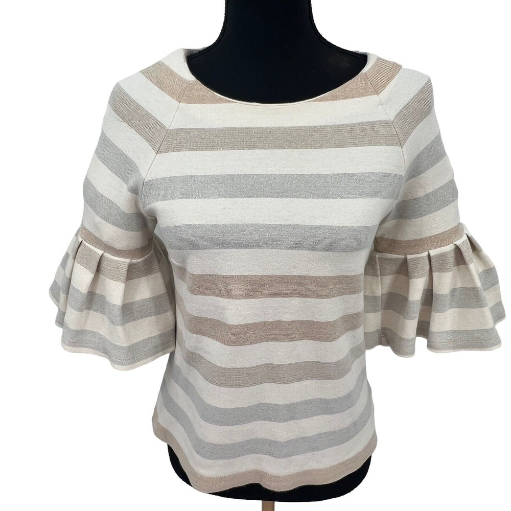 Anthropologie‎ Maeve Helsa Metallic Striped Bell Sleeves Back Zip Blouse Small